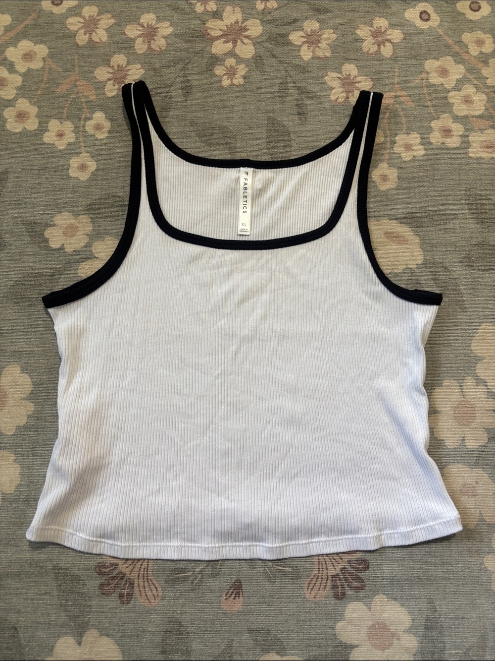 Fabletics White Ribbed Tank with Black Trim Accents